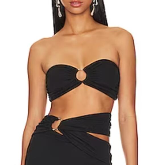 NBD Black Bandeau Crop Top LARGE Cropped Smocked Textured Strapless Bullring NEW - Picture 1 of 5